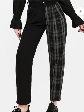 Disturbia Black and Green Plaid Two-Tone Trousers